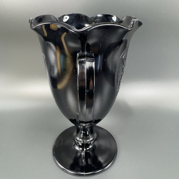 L E Smith Black Amethyst Glass Dancing Nymphs Trophy Glass Vase Etched Vintage - Picture 8 of 14